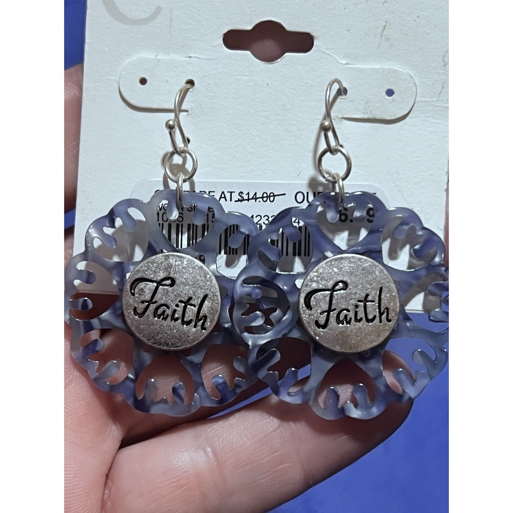 Silver Tone Blue Dangle Drop Earrings W/ Faith Dazzling Accents Round